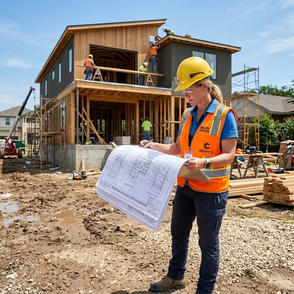 Building certifier inspecting blueprints
